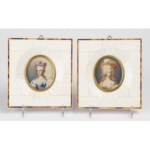 A pair of Louis XV style piano key ivory miniatures of the…