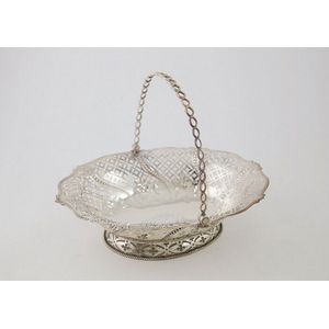 Silver Chinese Bon Bon Dish With Swing Handle Pierced Cross