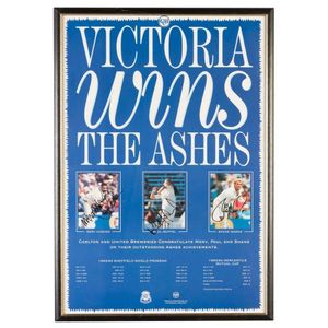 Signed Cricket Frames, noted 'Victoria Wins The Ashes' poster…