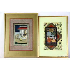 Two vintage Indian Mughal miniature paintings, comprising a…