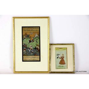 Two vintage Indian Mughal miniature paintings, comprising a…