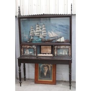 Large multiple panel glazed tall ship diorama on stand dated…