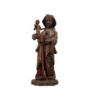 The Virgin Mary and baby Jesus statue, carved wood with…