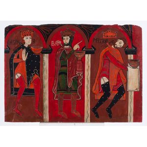 A religious scene, hand-painted on wooden panel, 20th century,…