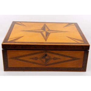 Tasmanian huon pine and blackwood parquetry writing box, fitted…