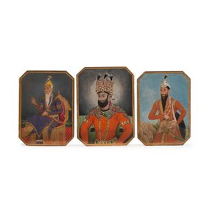 Three fine Indian Moghul miniature portrait paintings on card,…