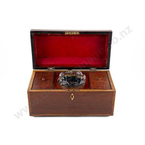 Regency mahogany and inlaid tea caddy rectangular casket shape…