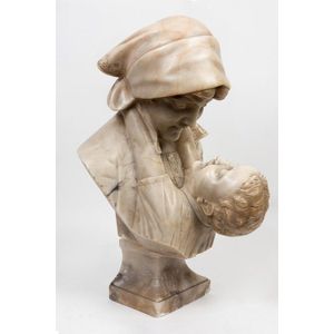 A carved marble and alabaster bust of a mother and child,…