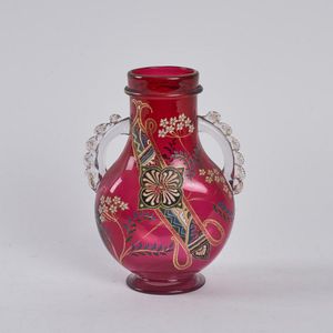 Bohemian  Red and Frosted Hand Blown Glass Baluster Vase Hand Painted
