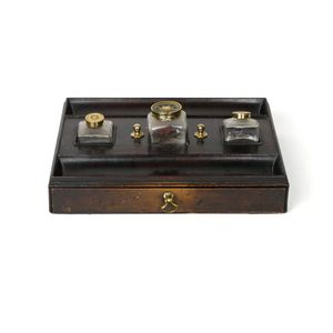 A Regency rosewood standish, two ink bottles, pounce pot and…
