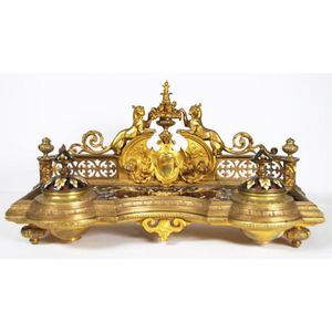 Antique French champleve enamel standish with ornate Medici…
