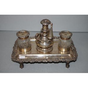 Rare William IV Sheffield plate standish with pair crystal ink…