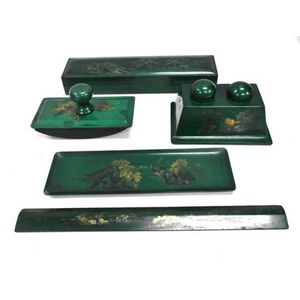 A five piece green composite desk set in the Japanese style