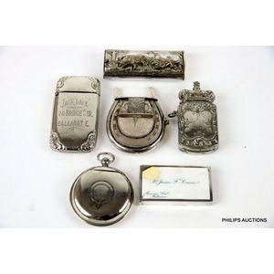 Five plated Vestas and one sterling silver vesta, 19th to 20th…