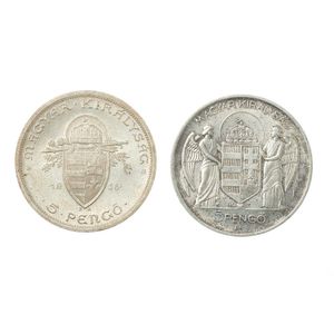 2 Hungarian 5 Pengo silver coins, 1938 & 1939, wt. 49.85g.