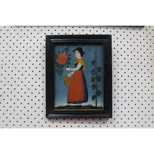 Antique French folk art reverse glass painting of a Brittany…