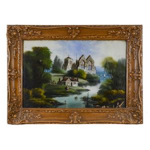 European school (19th century), Church ruin, reverse glass…