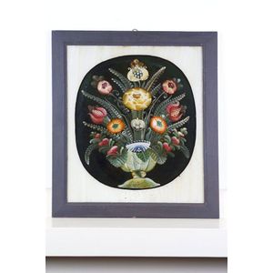 Antique Italian reverse glass painting of a vase with flowers,…