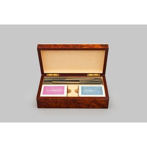 A burl card games box, fitted with four decks and four scoring…
