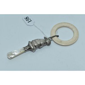 Sterling silver rabbit shape baby's rattle with carved ivory…