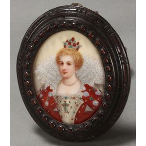 French hand painted portrait miniature, of oval form, depicting…