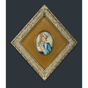 Miniature portrait. Signed 'M. Pefil.' on ivory. Nb: export…