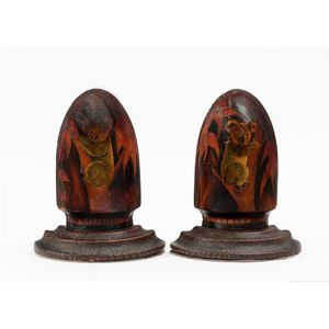 A pair of pokerwork, koala decorated Huon pine bookends, circa…