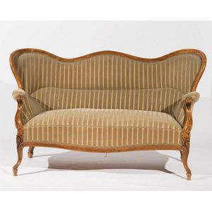 French Walnut Serpentine Sofa with Green Striped Draylon Upholstery ...