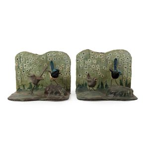 A pair of Australian folk art bookends with fairy wren…