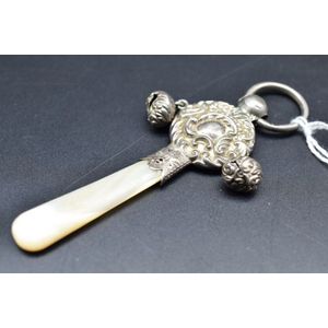 Antique sterling silver childrens rattle with mother of pearl…