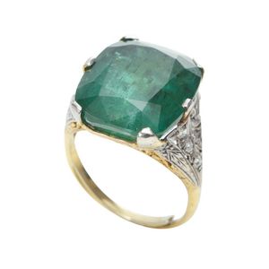 An emerald and diamond ring, featuring a rectangular cushion…