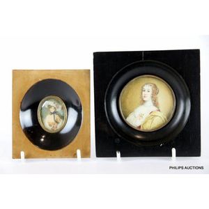 Two antique miniature portraits in wooden frames, early 20th…