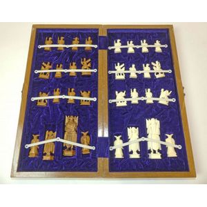A Chinese carved ivory and bone chess set 32 pieces with fitted…
