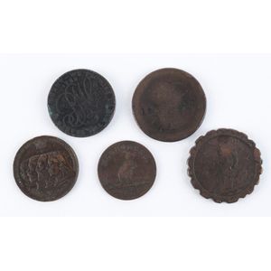 Convict era penny tokens and shop tokens, 19th century, (5…