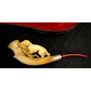 Antique cased Meerschaum pipe carved dog with pheasant to bowl,…