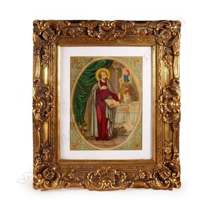 A Victorian religious print, depicting a saint next to a church…