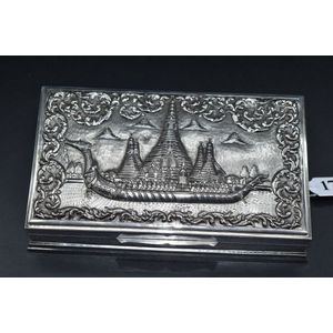 Sterling silver Thai burr walnut lined cigar box, length 18.8…