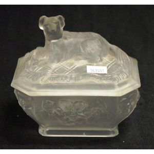 Vintage frosted glass dog formed top trinket box with in relief…
