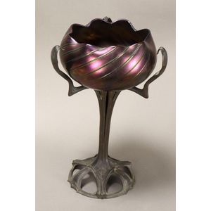 Art Nouveau Loetz and bronzed comport, with a floriform shaped…