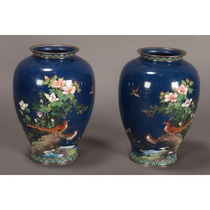 Pair of Japanese cloisonne enamel vases, of ovoid form,…
