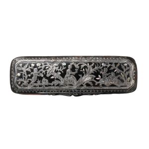 A silver, tortoiseshell and mother of pearl pique box, the…