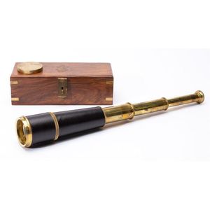 A brass and leather nautical telescope in timber case, extended,…