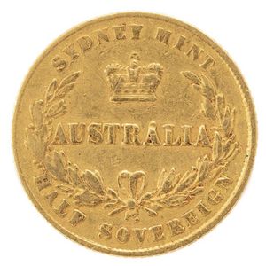A Victorian 22 carat gold Sydney mint half sovereign dated 1864,…