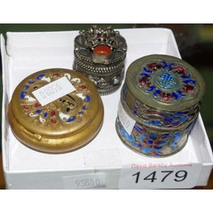 Three Vintage Chinese Pill Boxes With Decorative Semi Precious