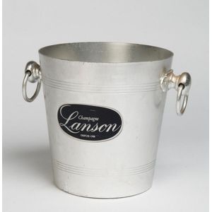 A French metal wine cooler labelled 'Lanson'