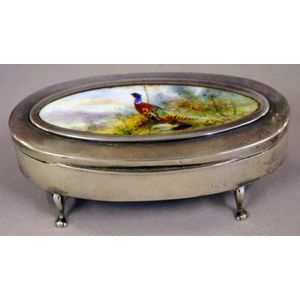 Sterling silver footed trinket box, with handpainted Royal…