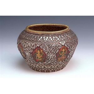 A silver holy water vessel, repousse floral motif, eight…