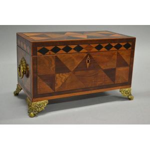 Antique Georgian specimen wood parquetry tea caddy, fitted with…