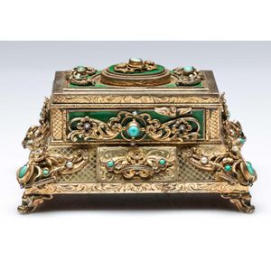 A fine silver gilt musical automaton bird box with drawer…