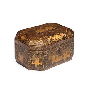 A Chinese lacquered tea caddy, 19th century with original zinc…